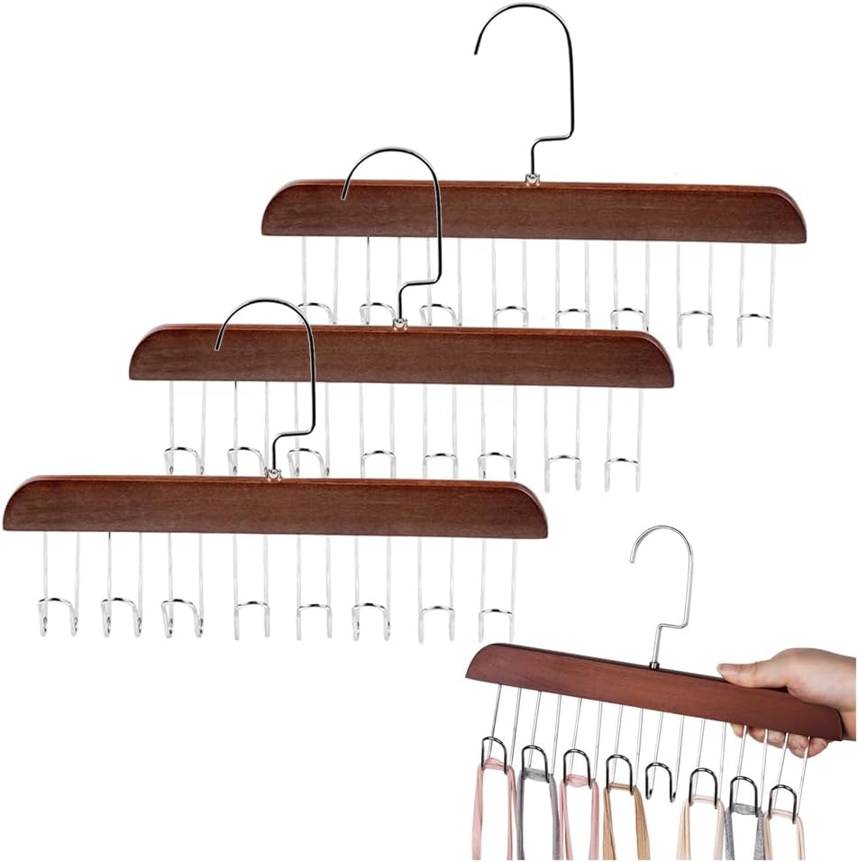 4 Pack Tank Top Bra Hanger, Wood Tie and Belt Hanger, Anti Slip Multi Hook Coat Rack, Hanging Closet Organization Storage Holder for Belts, Ties, Scarfs, Bras