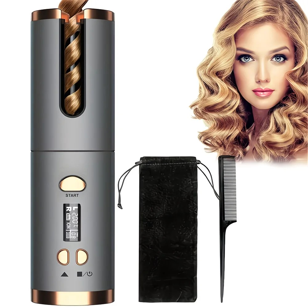 Gray gold Automatic Hair Curling Wand, Tangle-Free Design, Portable USB Charging Rotating Curling Iron with Ceramic Barrel, Suitable for Long Hair, Fast, Ideal