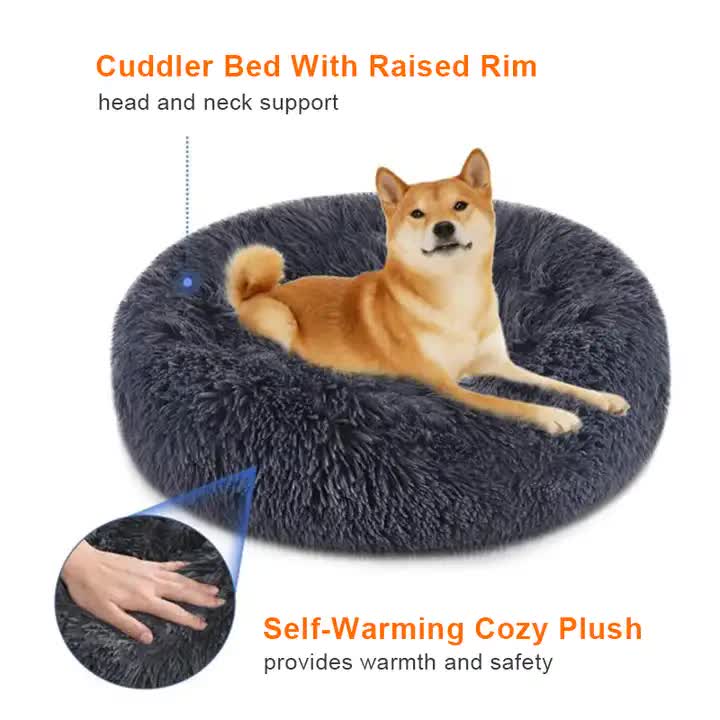 Calming Donut Pet Bed -Soft Faux Fur, Anti-Anxiety Fluffy Round Bed for Cats and Small Dogs (blue)40cm — image 2