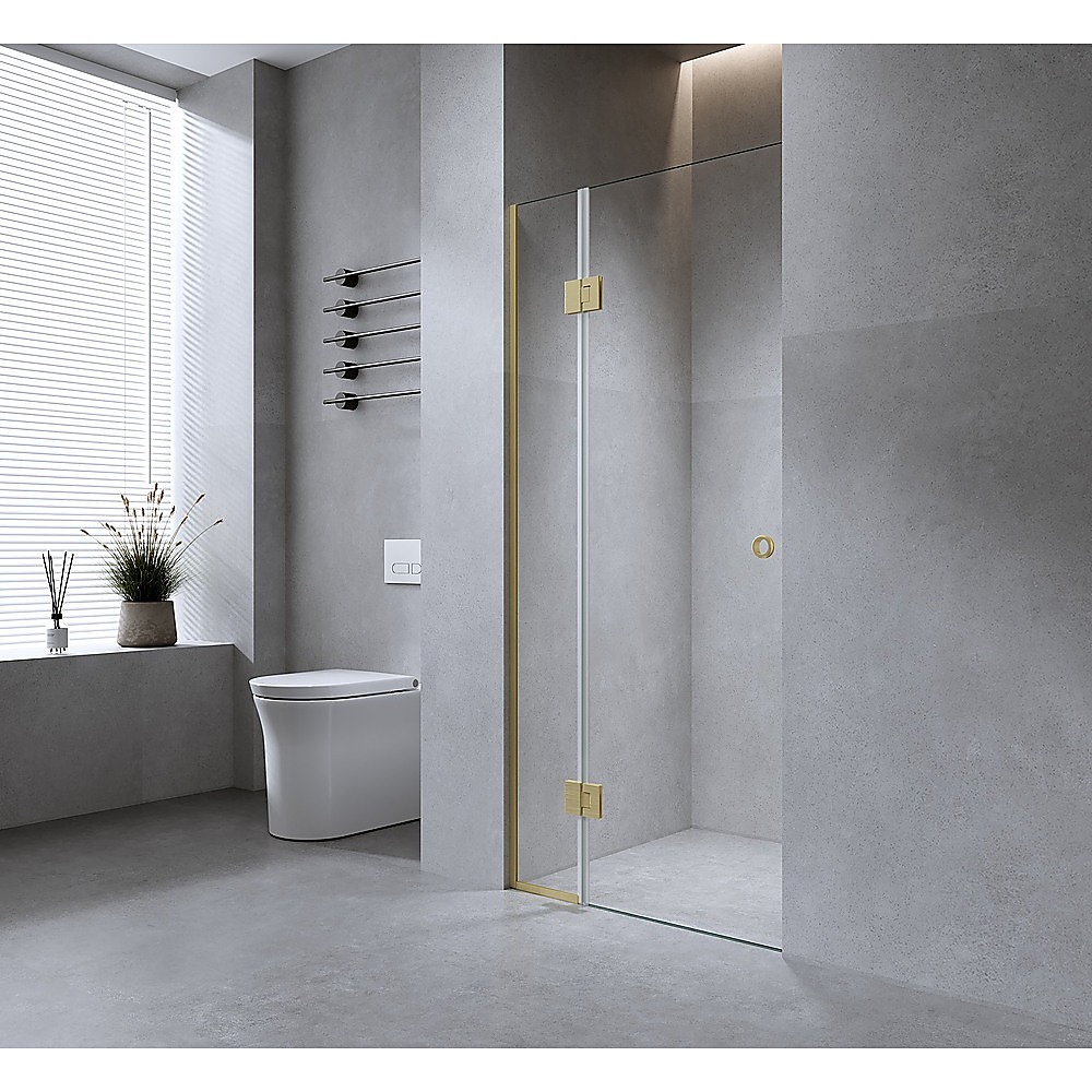 100cm Wall to Wall Frameless Shower Screen โ Gold Wall Channel and Floor Channel with SS Hinges for Contemporary Style