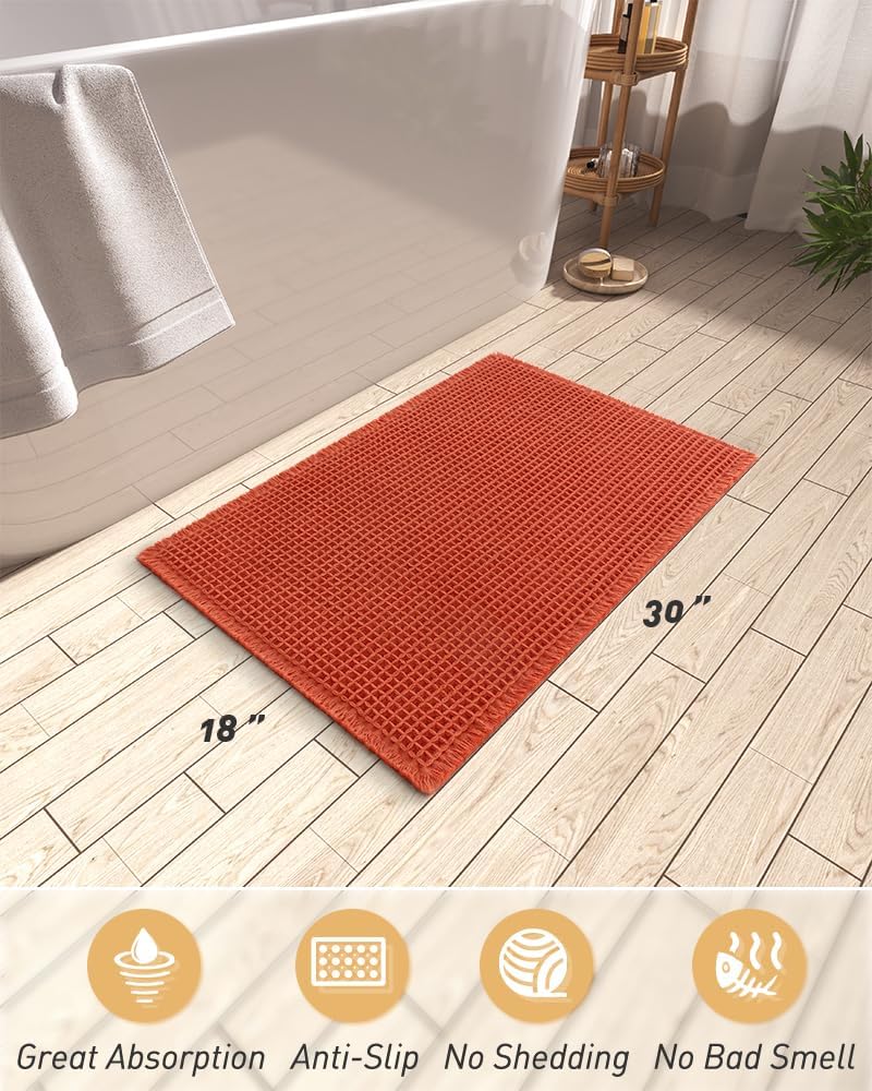 Upgraded Waffle Bath Mat, Super Absorbent Non Slip Mats for Bathroom Floor, Machine Washable Rugs with Tassels, Rubber Backed Mats, Ultra Soft, 18" x 30" — image 2