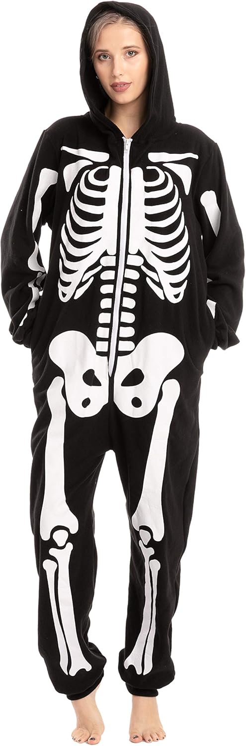 Unisex Skeleton Onesie Pajamas Plush Skeleton Jumpsuit Zipper Halloween Hoodie Pajamas for Adults Sleepwear Costume Black L โ image 2