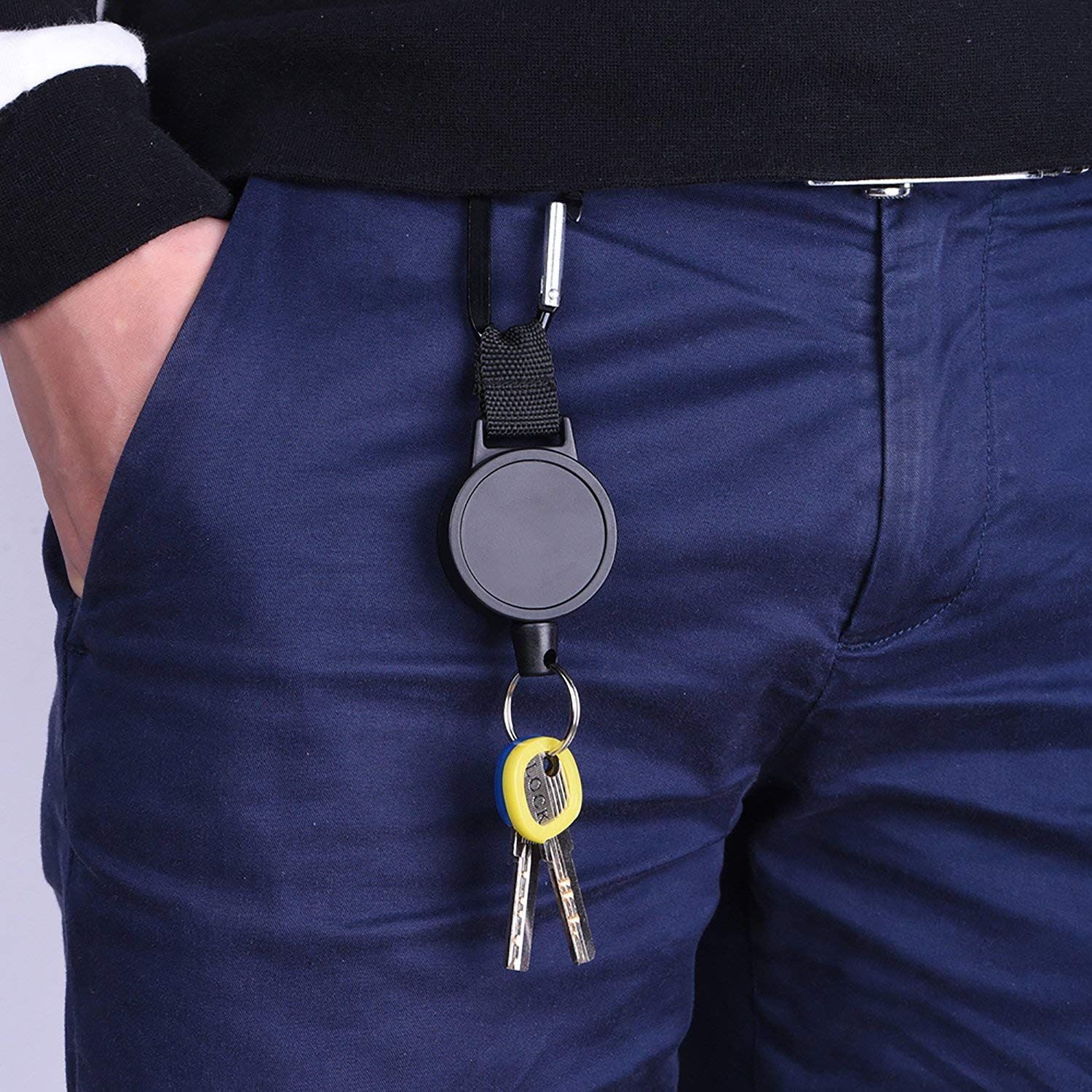 2 Pack Retractable Keychain, Heavy Duty Retractable Badge Holder Reel, Retractable ID Badge Clip Reel with Steel （Black Carabiner） — image 4