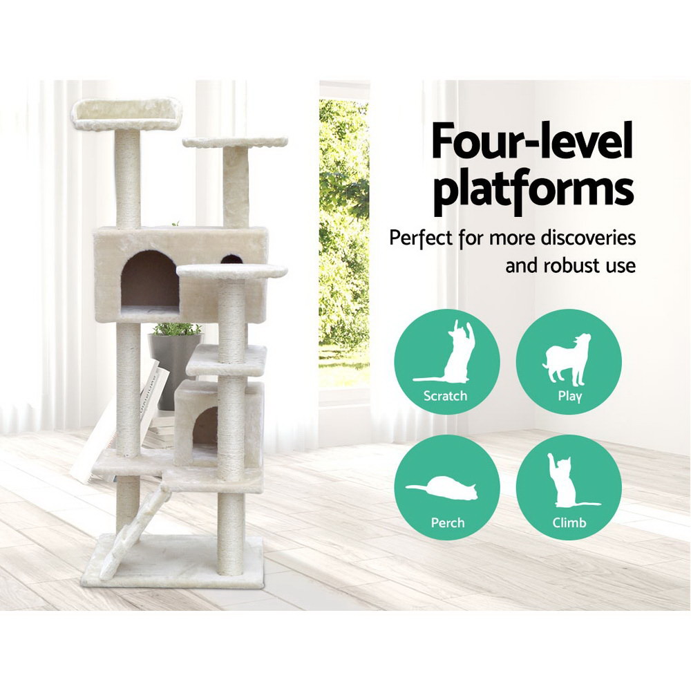 i.Pet Cat Tree 134cm Tower Scratching Post Scratcher Wood Condo House Bed Beige โ image 3
