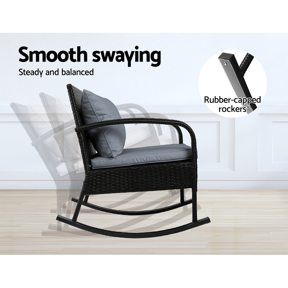 Gardeon 3PC Rocking Chair Table Wicker Outdoor Furniture Patio Bistro Set Black โ image 4