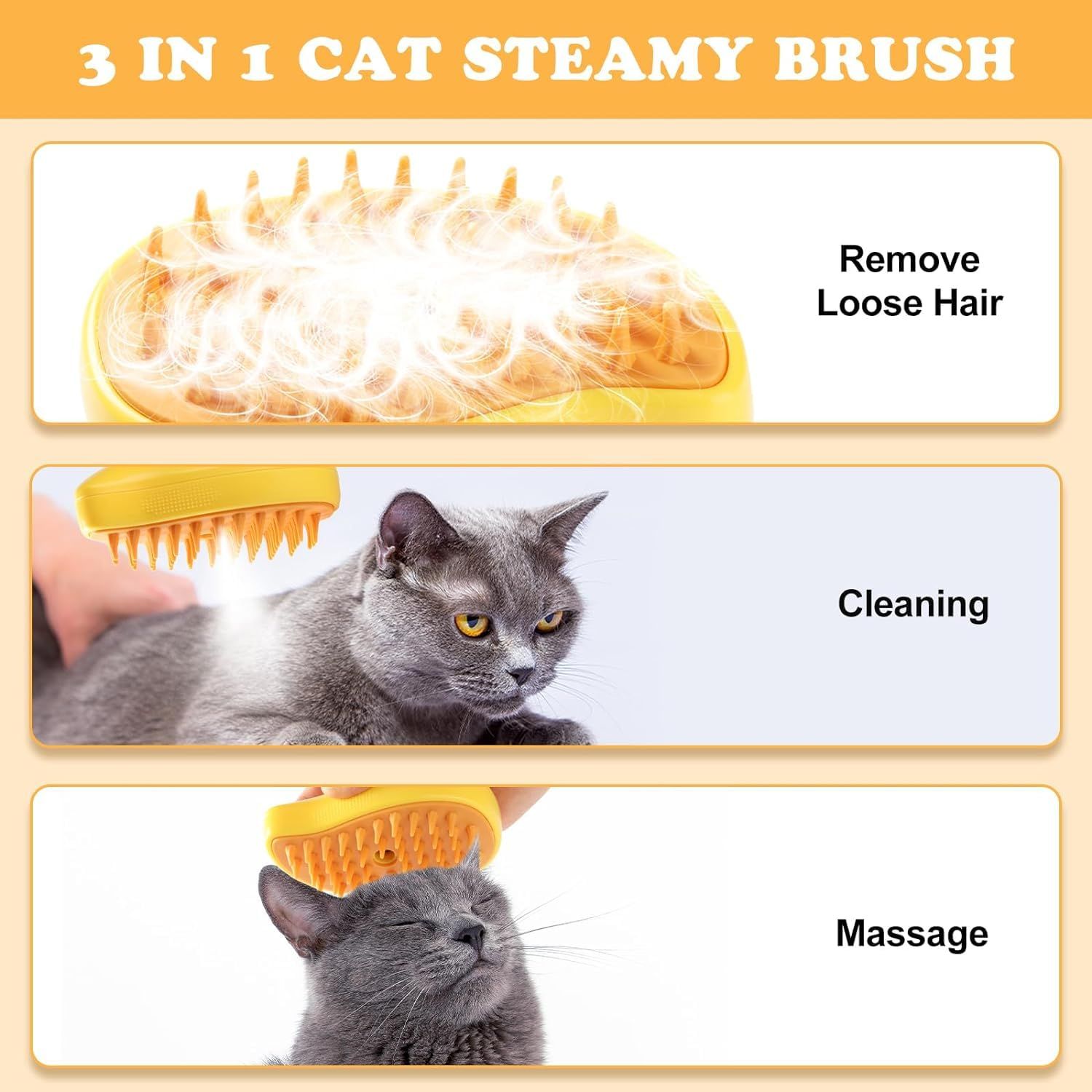 Steamy Cat Brush, 3 In1 Spray Cat Brush,Cat Steamer Brush for Massage, Steam Pet Brush for Tangled and Loosse Hair (Yellow) â image 2