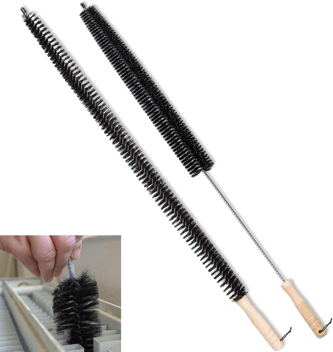 Crevice brush with long handle and stiff bristles - 2-pack - Suitable for dryer ventilation - Radiator cleaning brush - Ideal for cleaning tight spaces