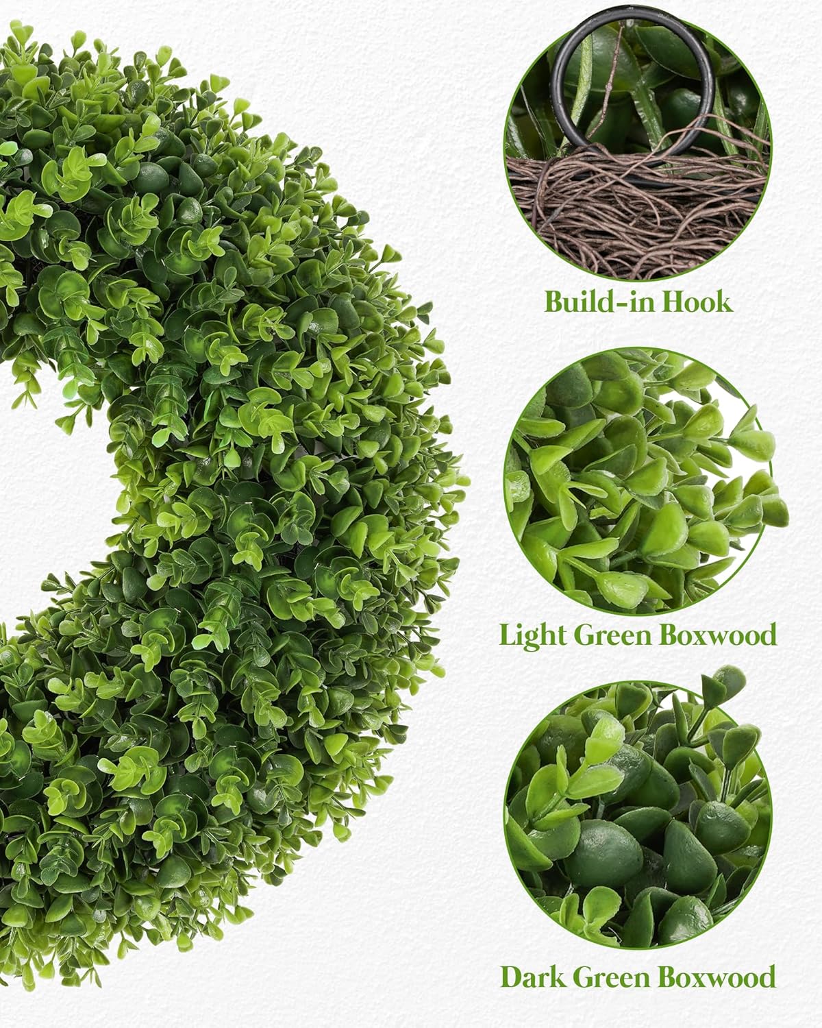20 Inch Boxwood Front Door Wreaths, Spring and Summer Outdoor Wreath for Front Door, All Seasons Artificial Green Wreath for Farmhouse Wedding Porch Wall St — image 3