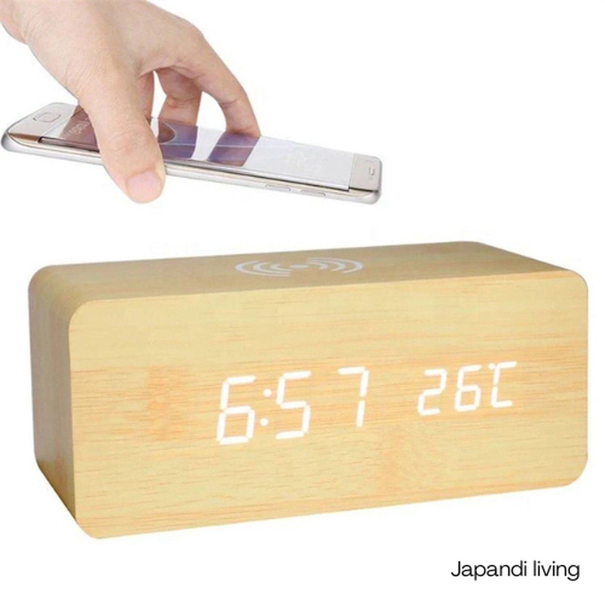 Dark Wood-Look Digital Alarm Clock with Wireless Charging, Date and Temperature Display — image 5