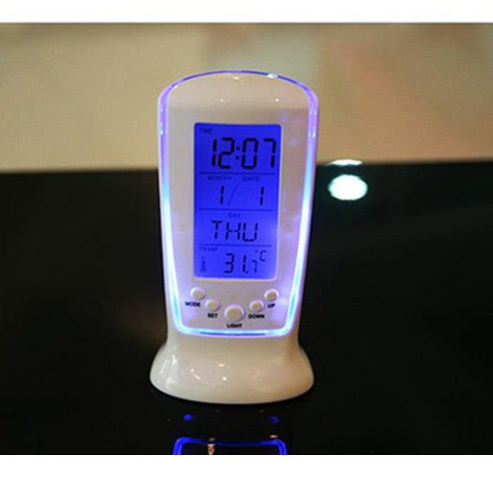 White Battery Powered LED Digital Music Desk Alarm Clock with Purple Backlight Thermometer Calendar Display Function — image 2