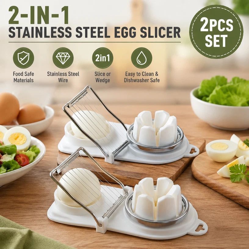 White 2-in-1 Stainless Steel Egg Slicer 2Pcs Mess Free Easy Egg Cutting