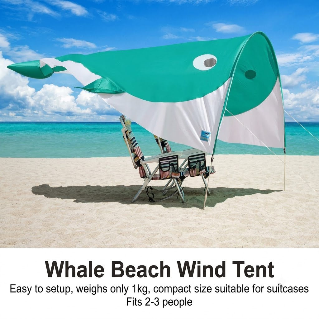 Whale-Shaped Beach Wind Shelter – Ultra-Light 1 kg Portable Sun Shade Tent, Spacious for 2-3 People, Quick Setup Open Design for Seaside Relaxation and Family
