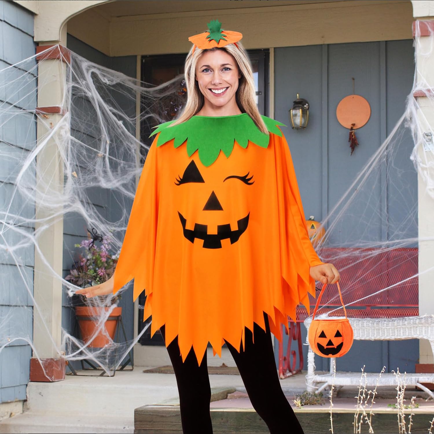 3PCS Halloween Pumpkin Costume for Women,Pumpkin Poncho for Adults with Headband & Bag,Halloween Costume for Women — image 4