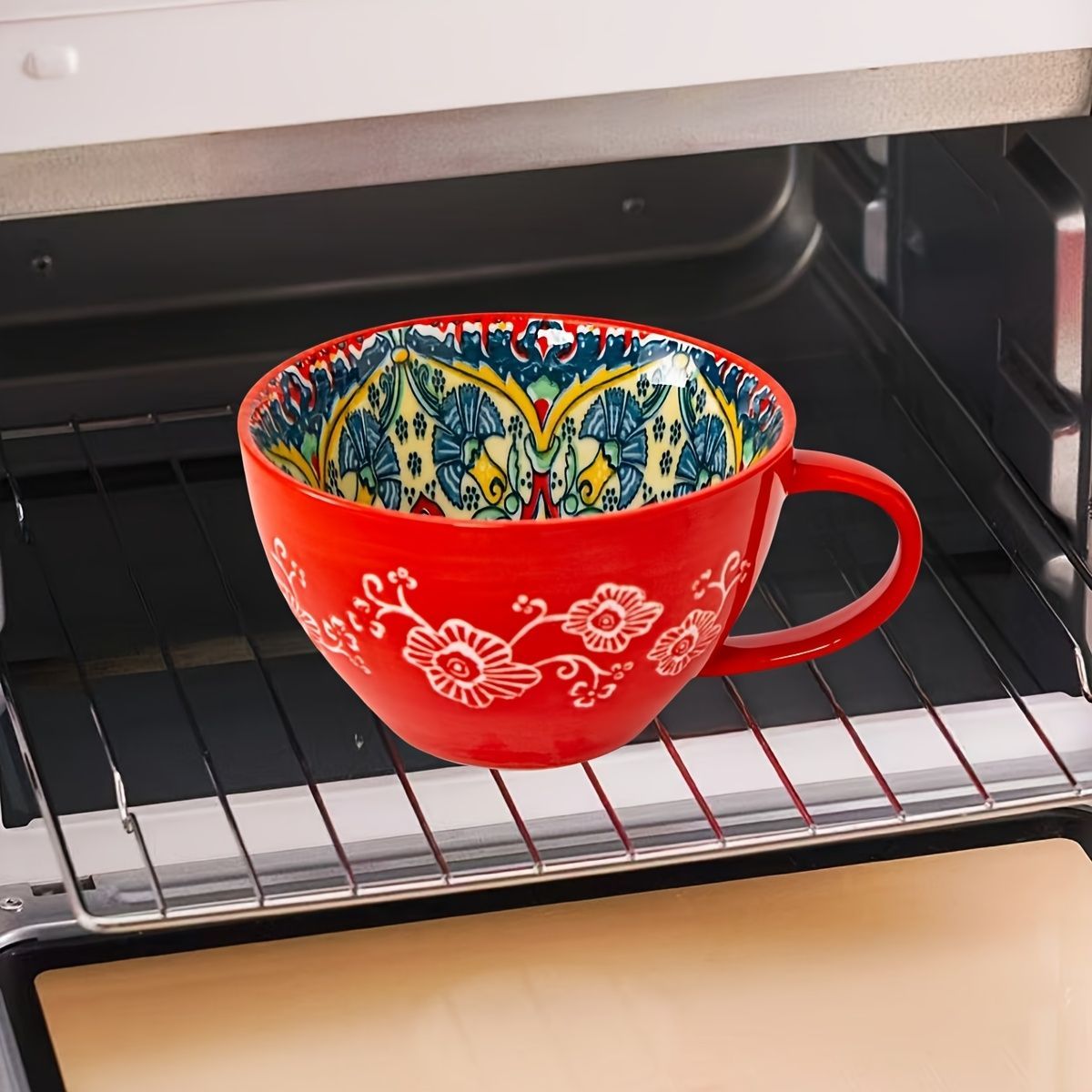 Bohemian Ceramic Cups Vibrant Floral Drinkware Hand-Painted Coffee Cups Unique - Jadeite plume - Size 400ml โ image 3