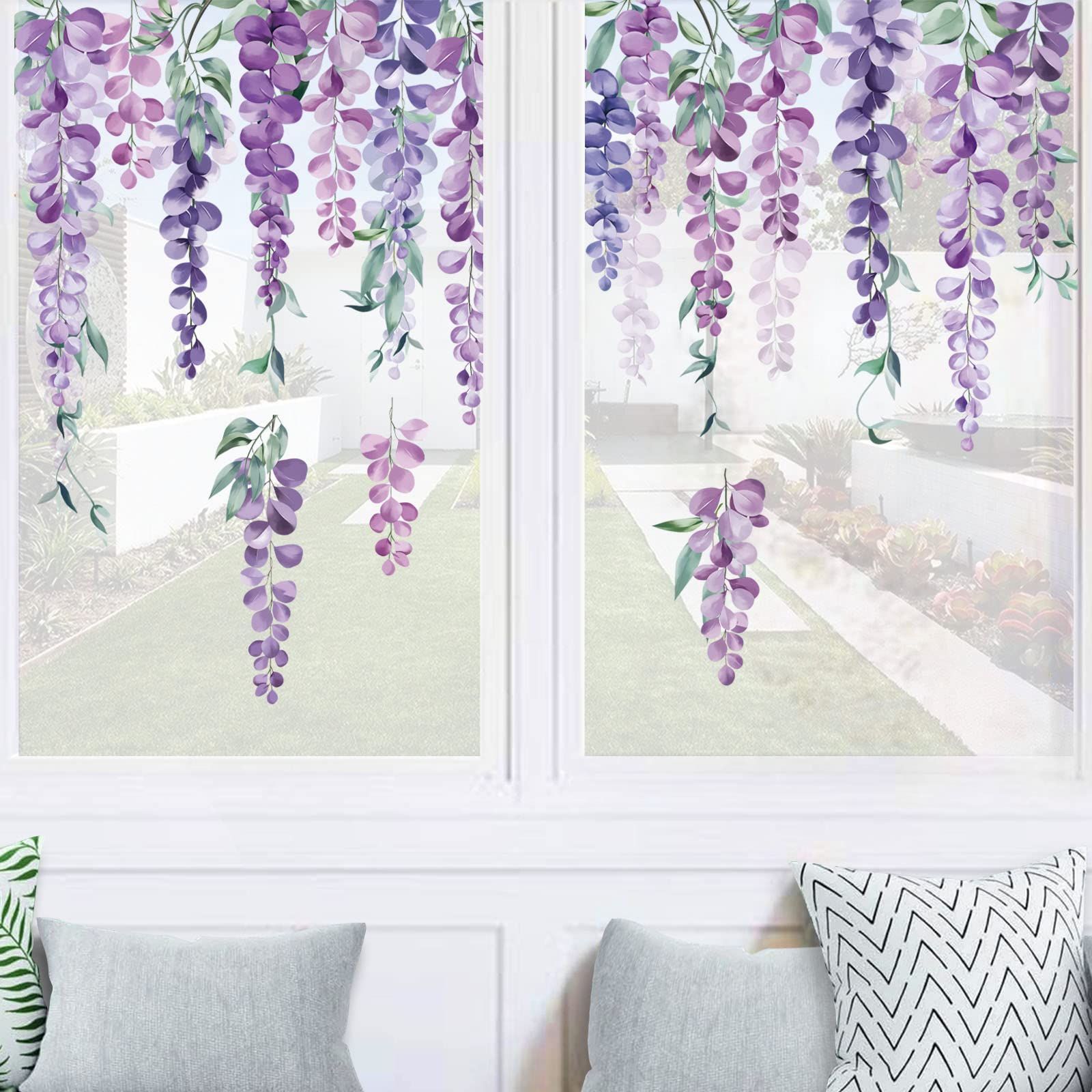 Purple Hanging Vine Double Sided Window Clings Wisteria Flower Leaf Window Decals Anti-Collision Glass Doors Window Stickers