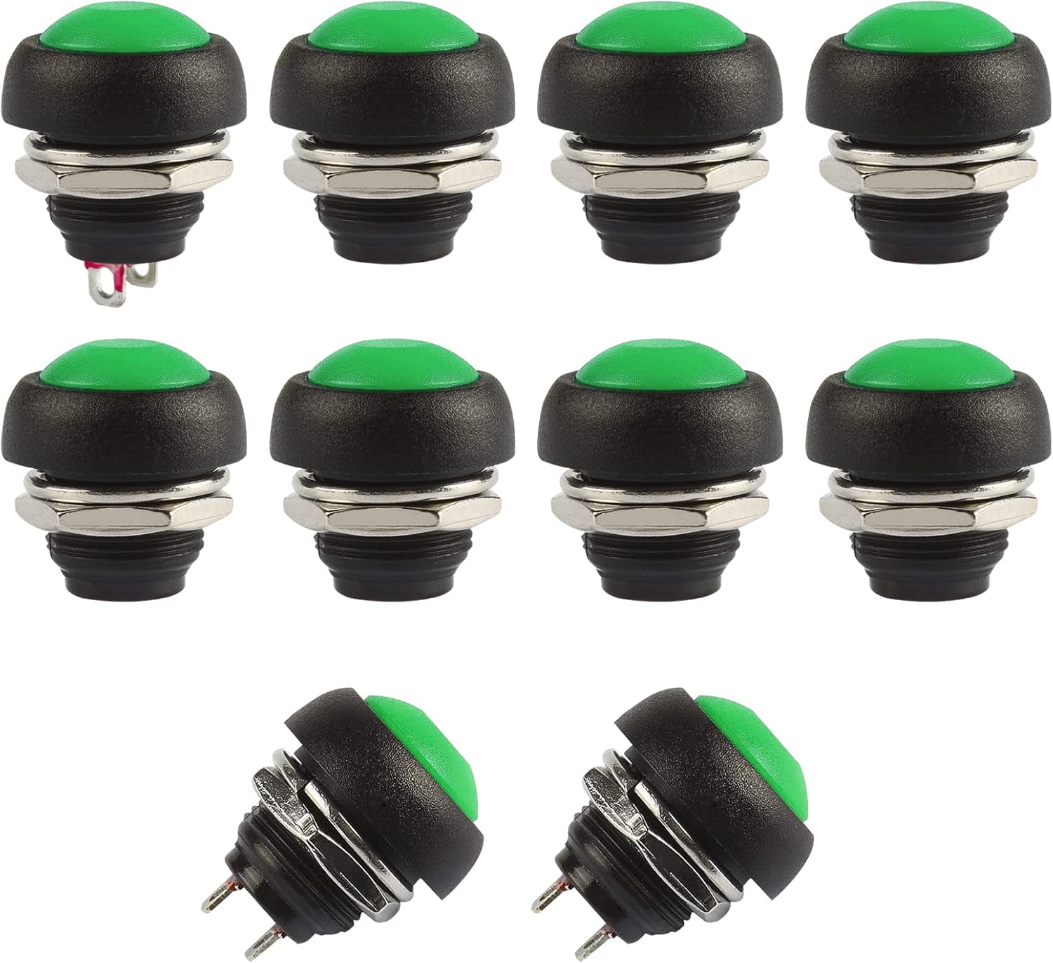 Momentary Push Button Switches, 2 Pin On/Off AC 250V/1A 125V/3A DC 12V/3A 12MM Round SPST Normal Open Pushbutton Momentary Switches (Green, Pack of 10)