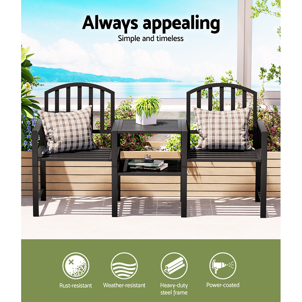 Gardeon Outdoor Garden Bench Seat Loveseat Steel Table Chairs Patio Furniture Black — image 4