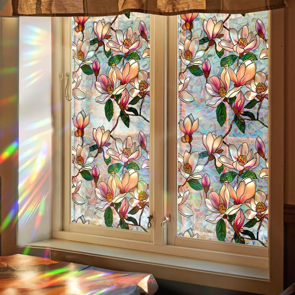 Retro Magnolia Flowers Window Privacy Film,Stained Glass Decals Colorful Floral Privacy Rainbow Decals Living Room Sun Blocking Decor Removable Static Cling — image 2
