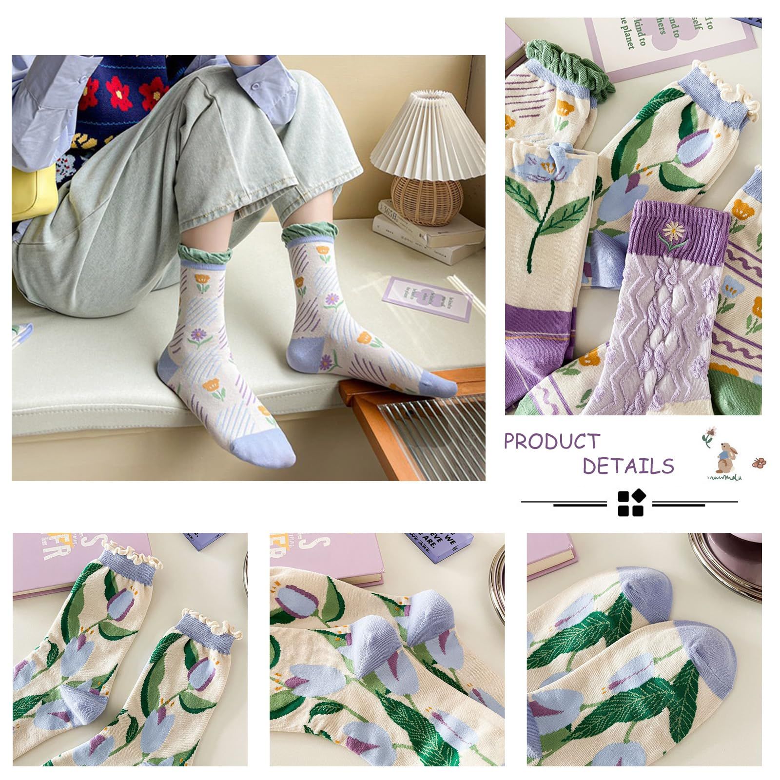 5 Pairs Womens Vintage Floral Cotton Socks Novelty Patterned Dress Socks Ladies Embroidered Casual Crew Ankle Socks โ image 5