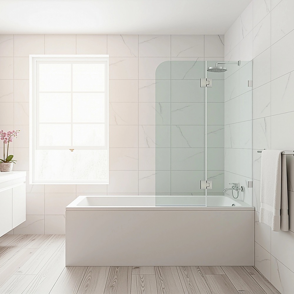 100cm Frameless Glass Bath Screen – Brass U-Brackets in Black for Stylish Bathroom Upgrade