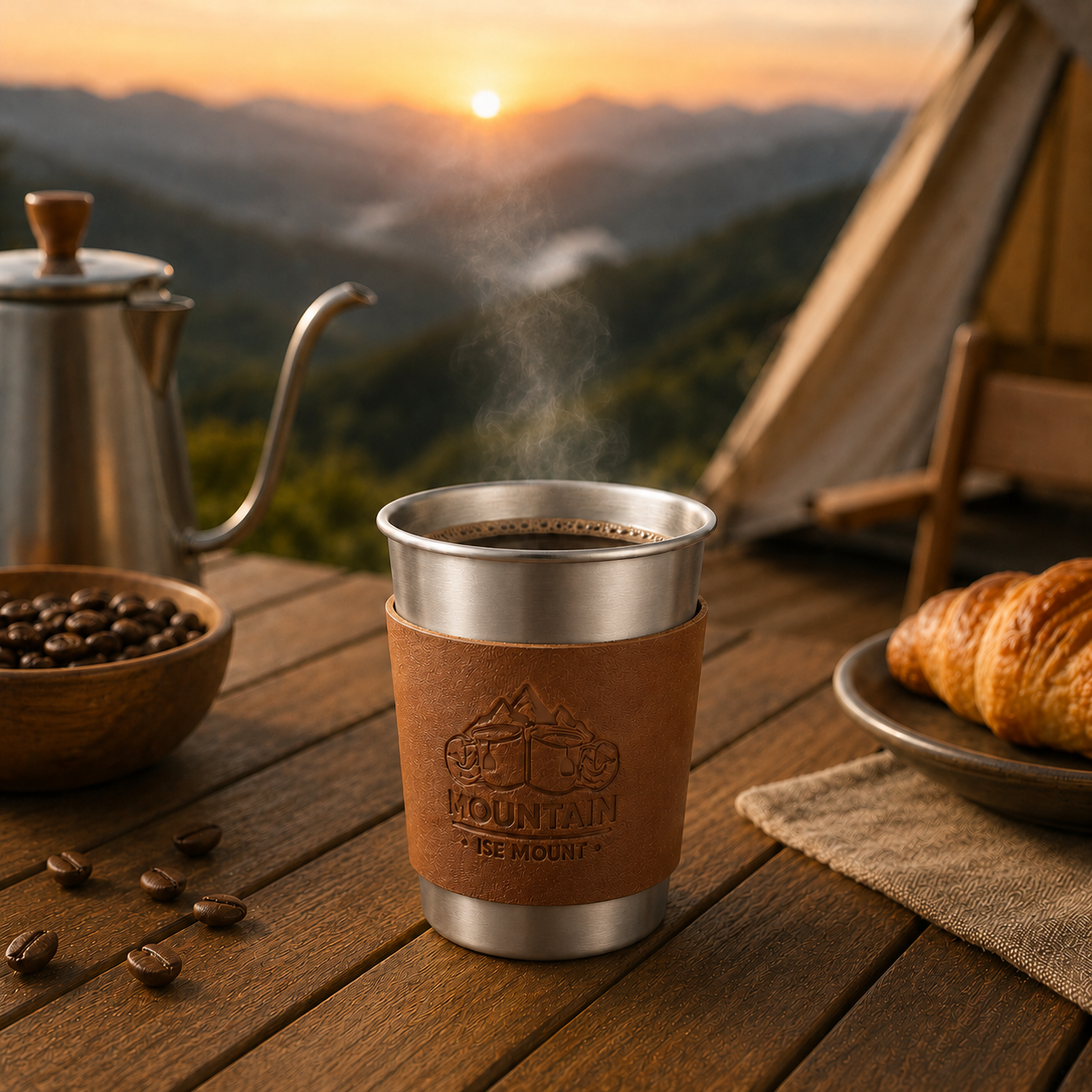 Silver 304 Stainless Steel Camping Coffee Cup with Leather Sleeve – 350ml Portable Outdoor Drinking Cup, Beer Cup, Travel Mug for Camping, Hiking, Picnic and — image 2