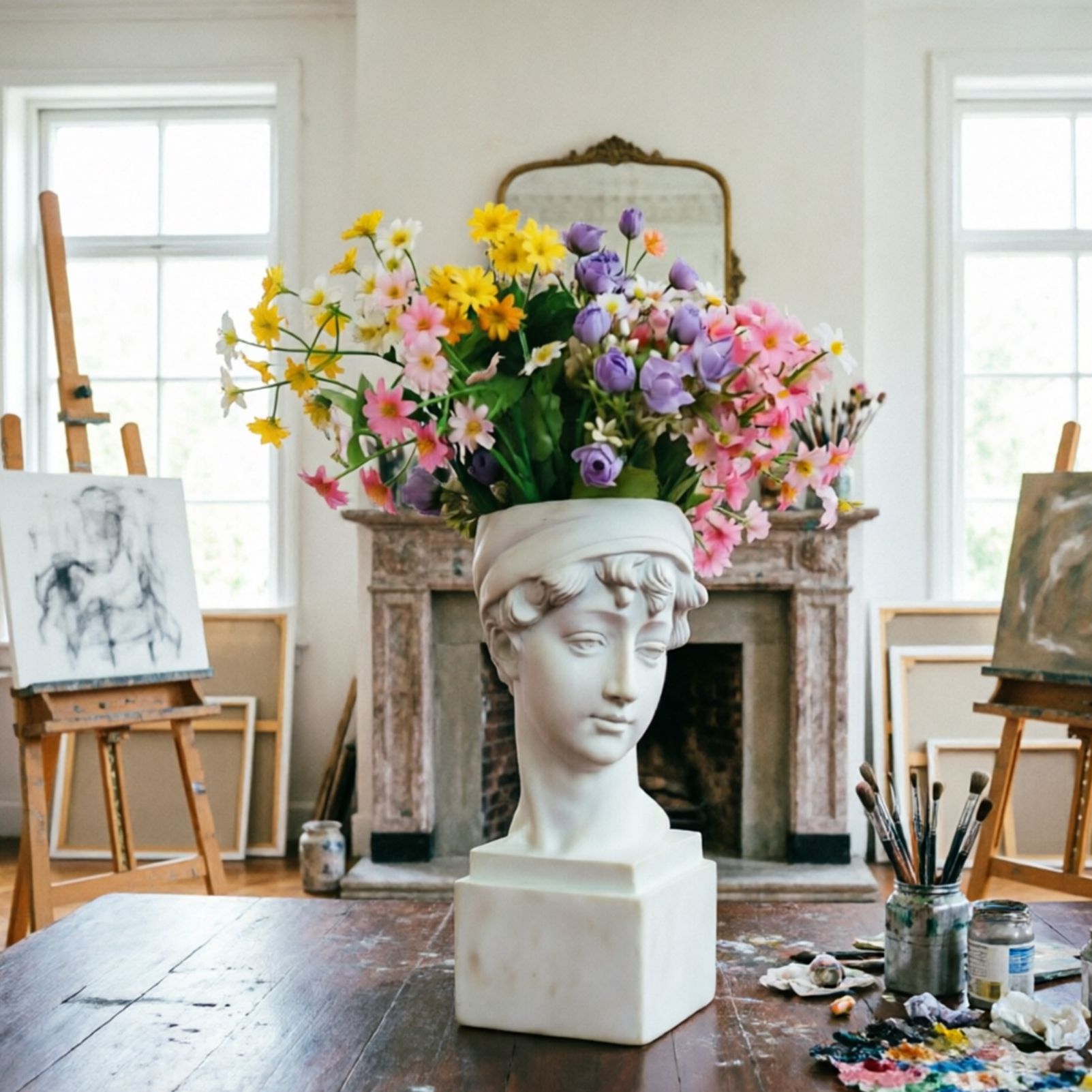 Elegant Girl with a Headscarf Resin Bust Sculpture Flower Vase - Classic European Style Figurine for Home Decor, Art Studio, or Office Desk - Perfect for — image 3