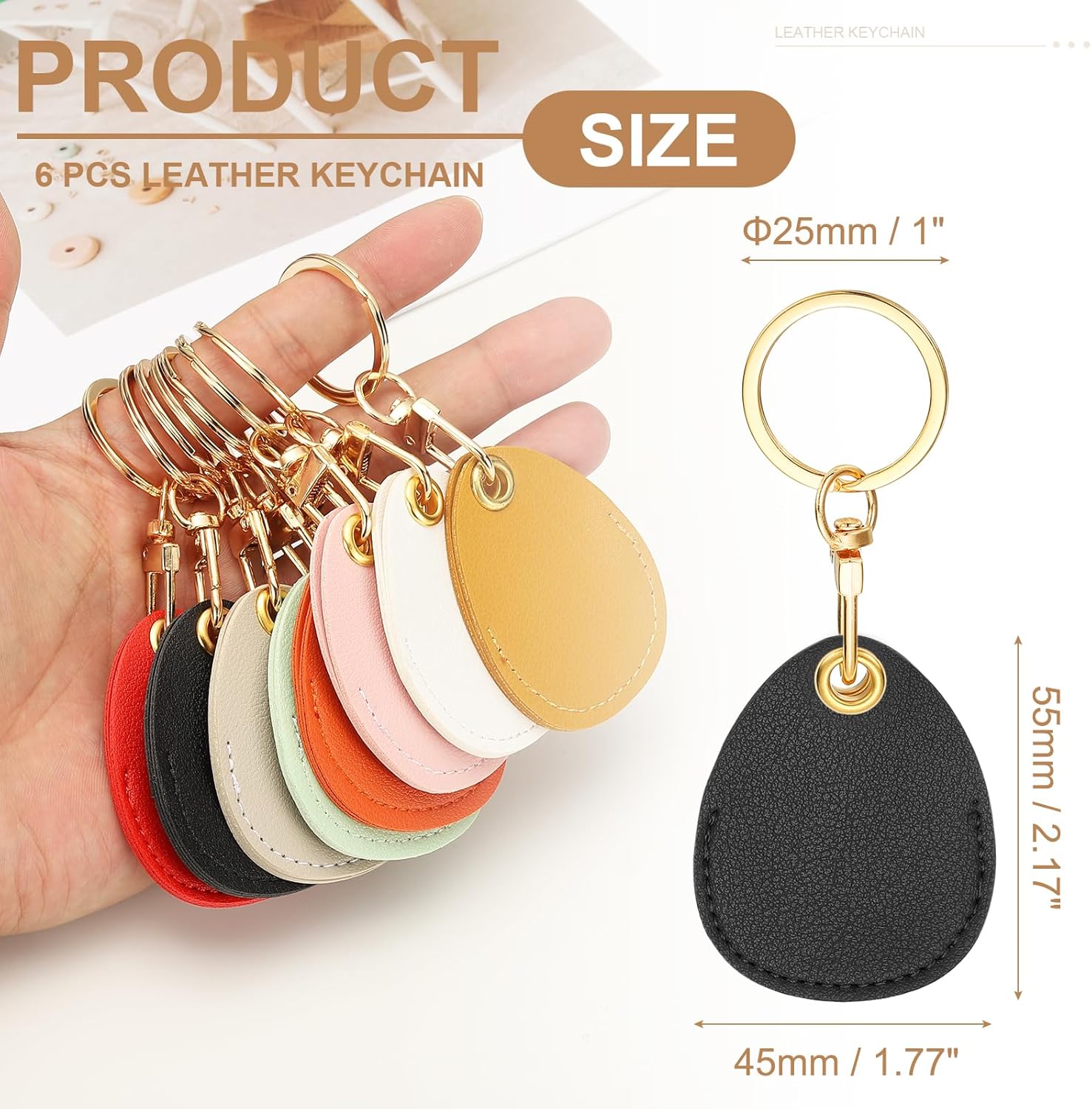 6pcs Leather Keychain Blanks,45mm Sublimation Blanks PU Key Chain Keyring with Rings,Water Drop Black โ image 2