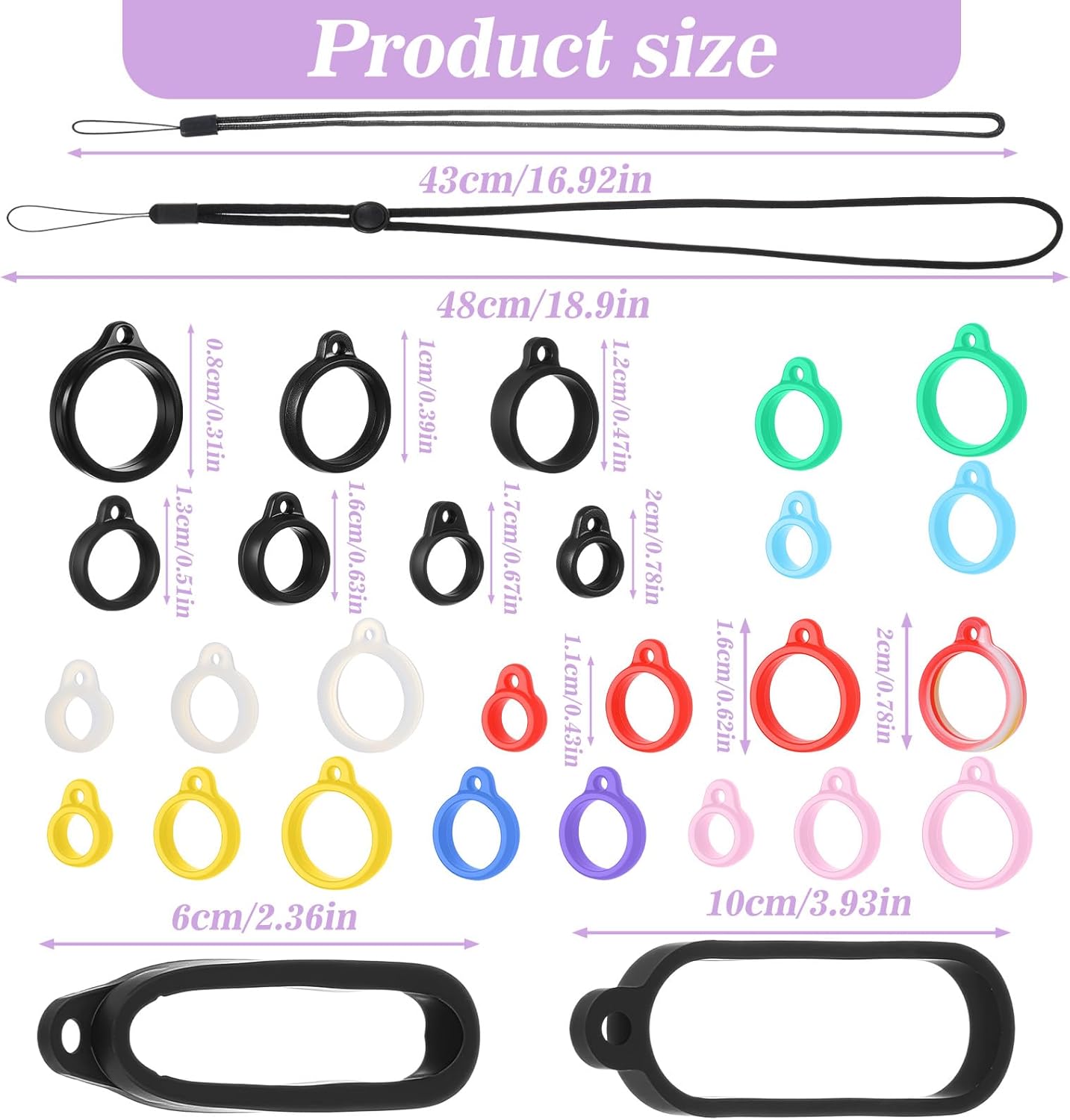 34Pcs Anti-Lost Lanyard Set Include 9 Style Black Silicone Rubber Rings-3Pcs Adjustable Lanyards,4 Style Colorful Rubber Rings,Soft Pen Protective Holder for