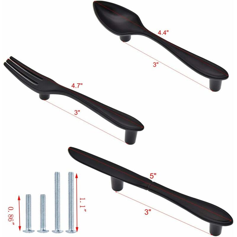 3 Pack Knife Spoon Fork Shape Cabinet Pulls Door Handles Hole Center 3" Matte Black — image 2