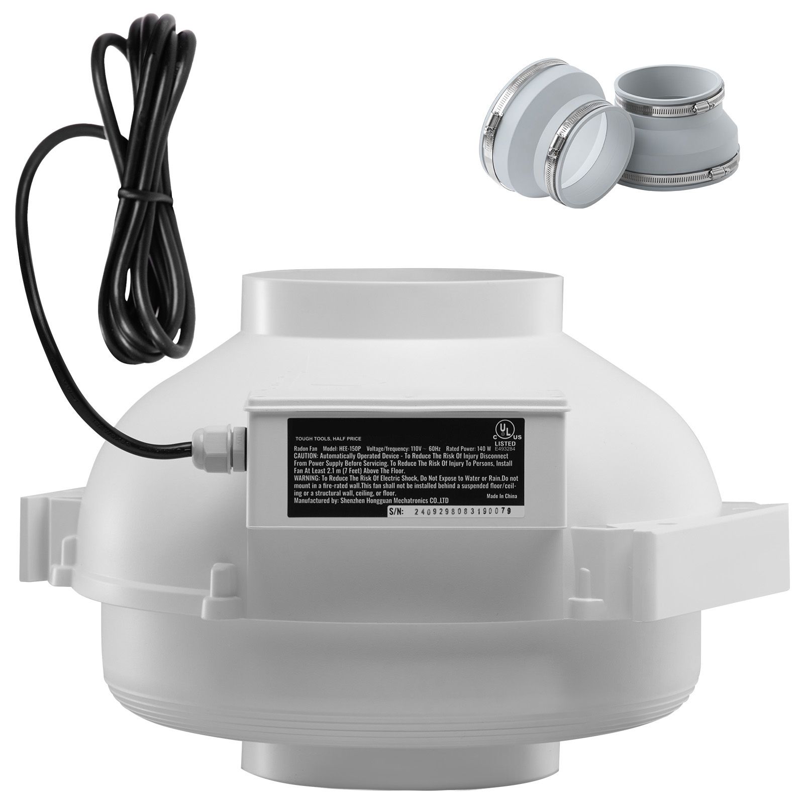 4" to 4.5" Radon Mitigation Fan System Quiet 380CFM Inline Duct Waterproof