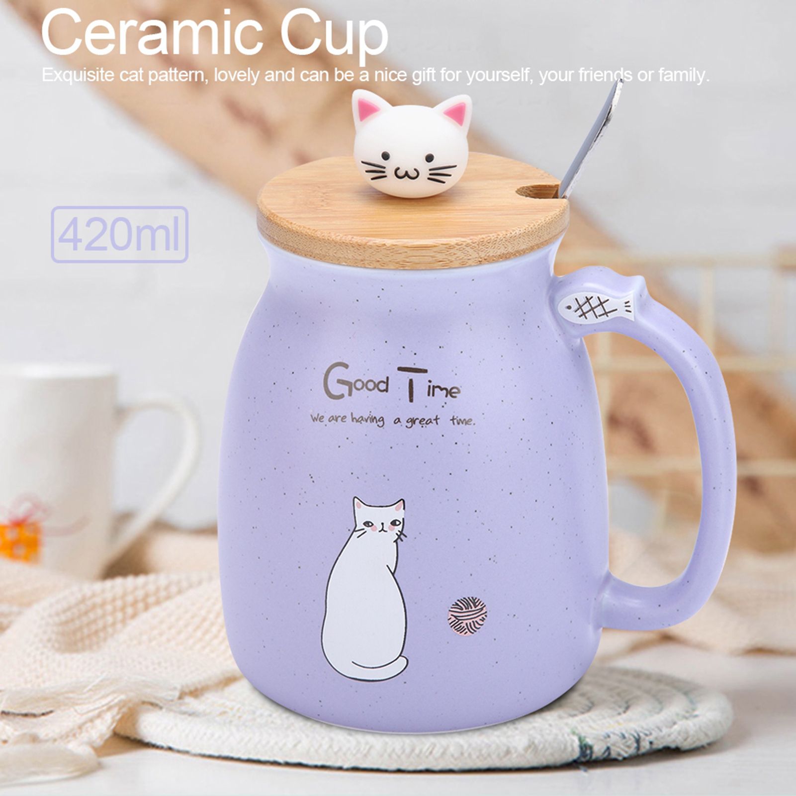 1Pc Lovely Cat Ceramic Cup with Spoon and Lid Coffee Water Milk Mug for Drinkware Gift(Purple) โ image 2