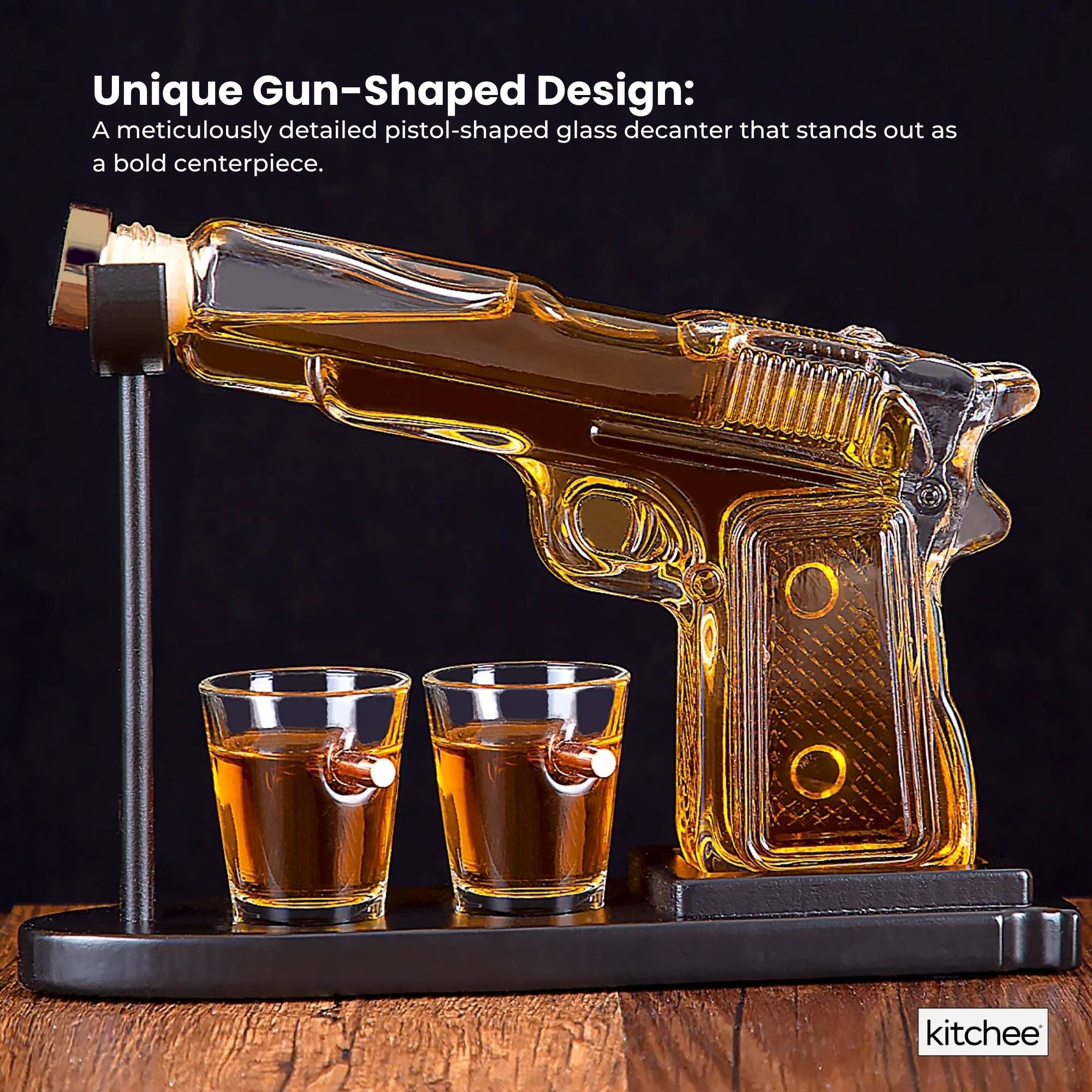 Kitchee 225mL Whisky or Wine Decanter Glass Pistol Set - 2 Glasses + Stand — image 5