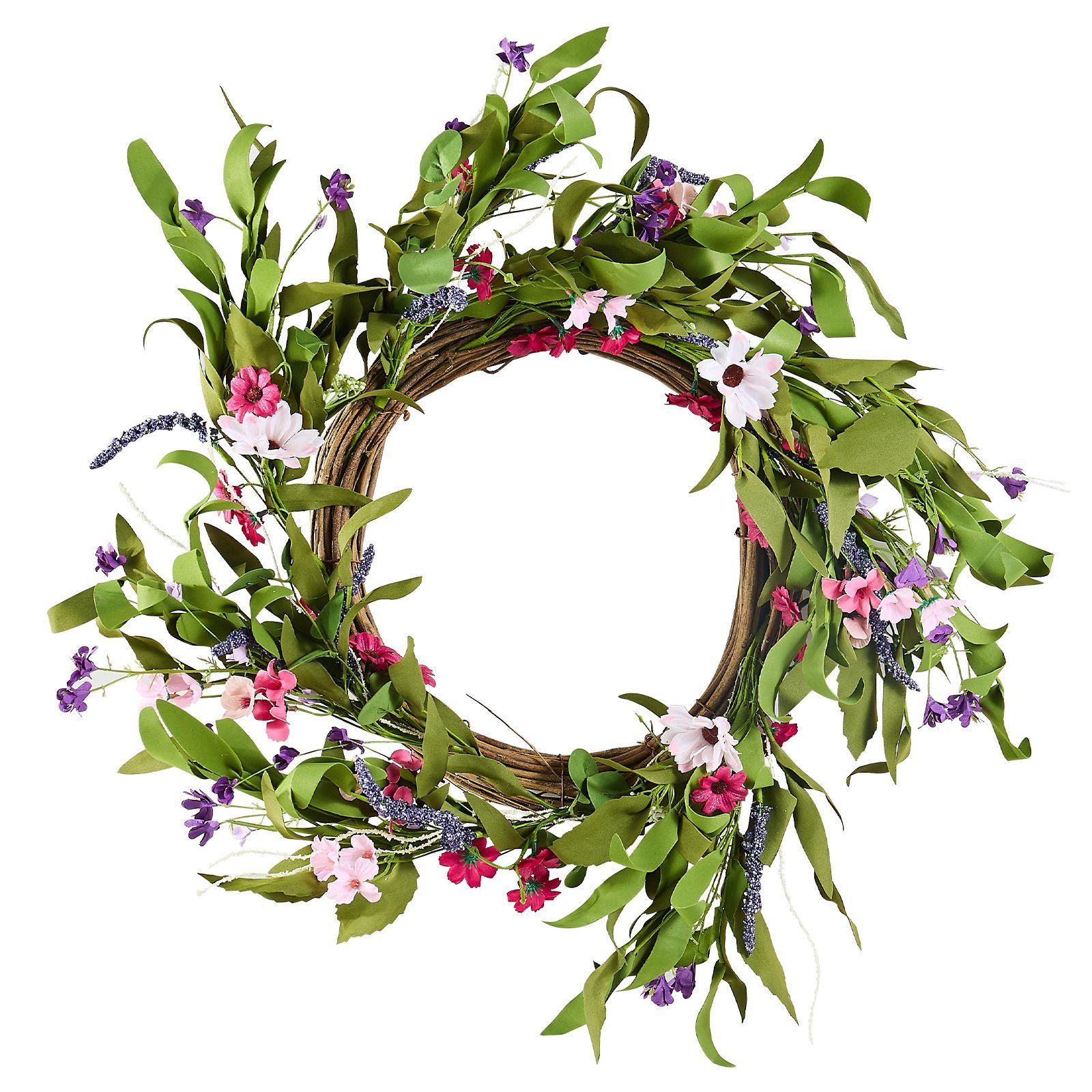Artificial Decorative Wreath 55.88cm Pink Green Daisy Baby's Breath Floral Wreath with Buds Year Round Faux Flower Wreath for Indoor Outdoor Home