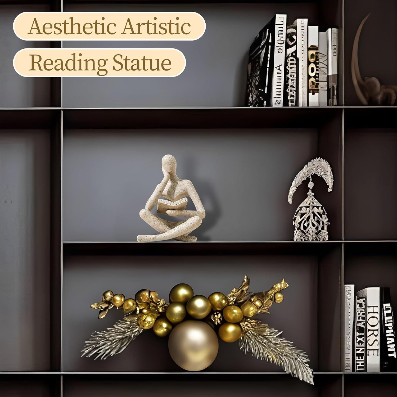 Abstract Reading Thinker Statue for Home Decor, Modern Resin Sculpture Figurine for Bookshelf, Desk & Living Room (Beige) — image 2