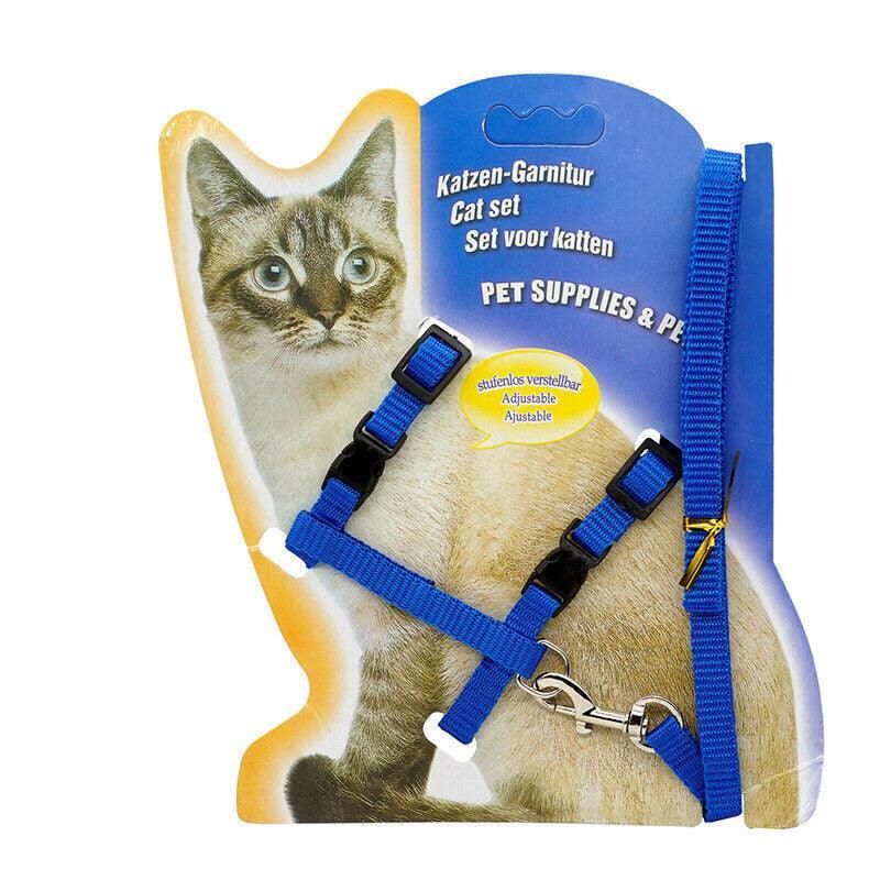 Nylon Cat Harness and Lead Set Adjustable Strap for Outdoor Walks - Blue