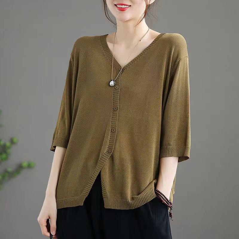 Ice Silk Women Cardigan Loose V Neck Half Sleeve orange red XXL Size: XXL; Height (cm): 175-180; Weight (kg): 65-70; Bust (cm): 98-102; Waist (cm): 82-86 — image 4