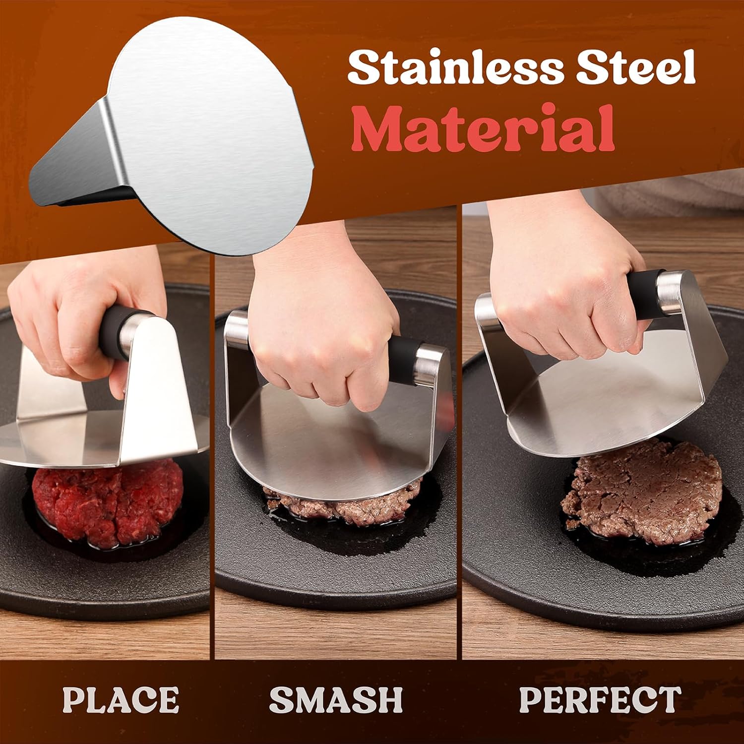 Smash Burger Press, Hamburger Smasher Tool for Griddle, Stainless Steel Ham Patty Press with Anti-Scald Handle, 5.5" Non Stick Grill Press for Smashburger โ image 4