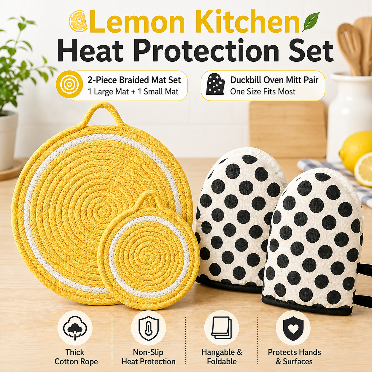 3-Piece Lemon Inspired Kitchen Heat Resistant Set with 18cm & 30cm Round Cotton Rope Woven Trivets + 1 Pair Duckbill Oven Mitt - Foldable Table Protection Mats
