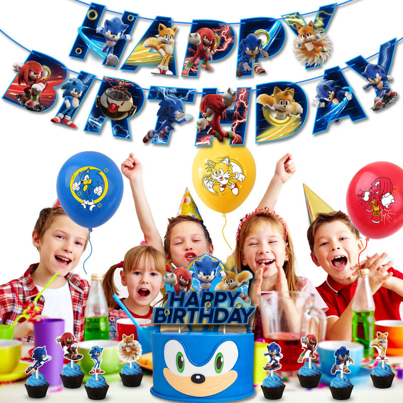 Sonic Birthday Theme Party Decoration Cartoon Accordion Flag Insert Balloon Set D β image 6