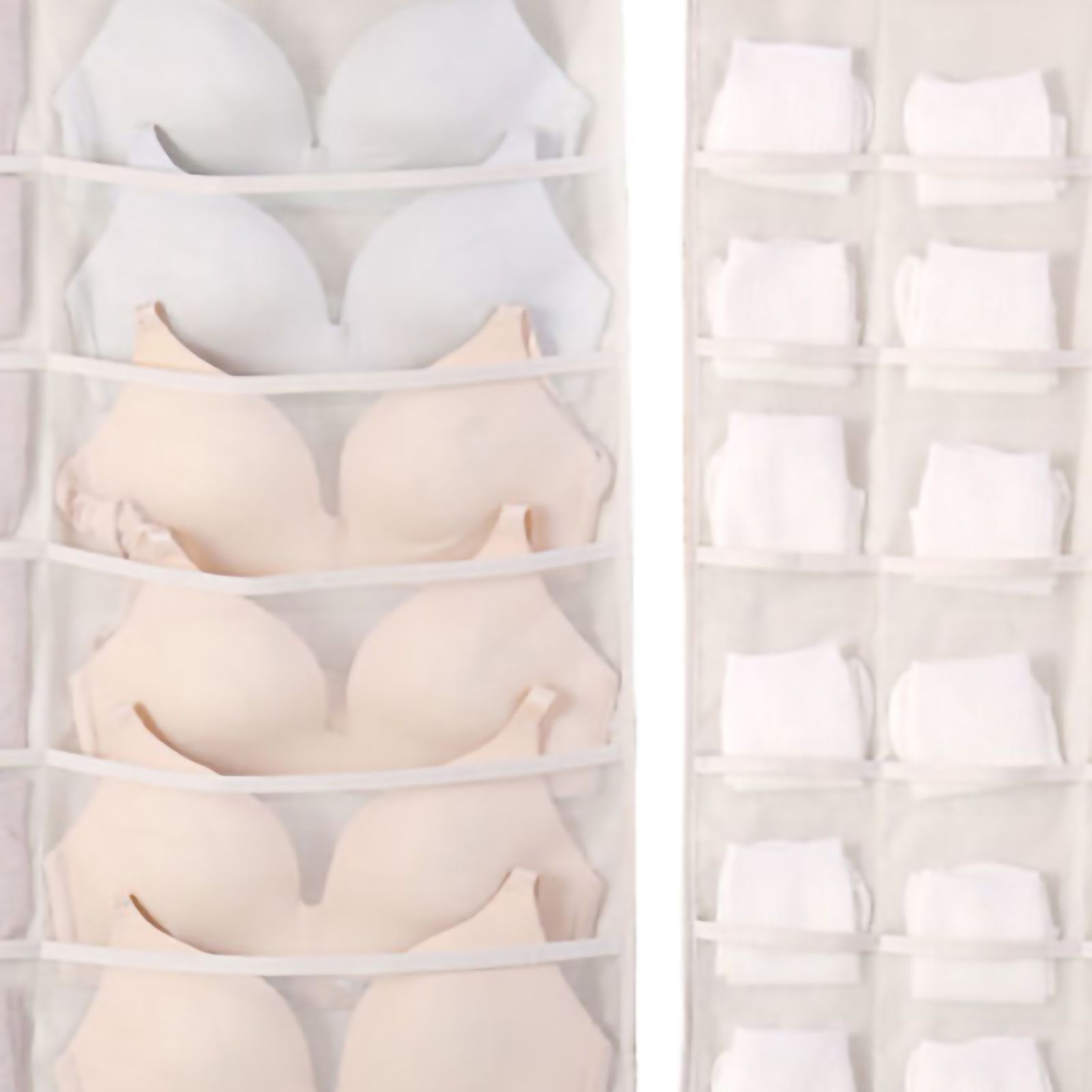 Hanging Bra Organizer Oxford Fabric Double Sides Breathable Large Capacity Underwear Storage Organizer for Bra Socks Beige, Front 12, Back 24 — image 2