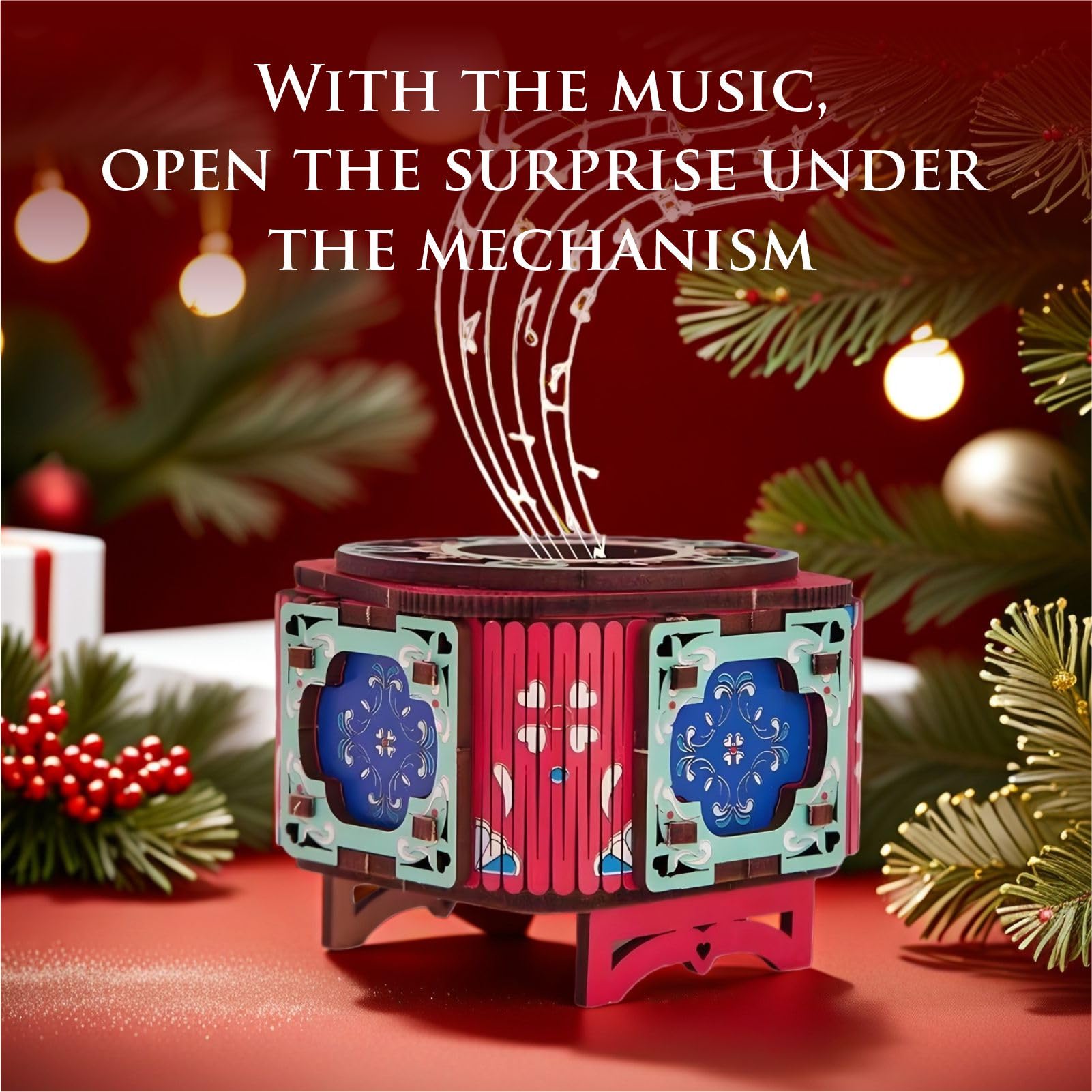 3D Wooden Music Box with LED Light – DIY Mechanical Puzzle Kit, Handcrafted Jewelry Storage, Romantic Gift for Her or Him (Red) — image 4