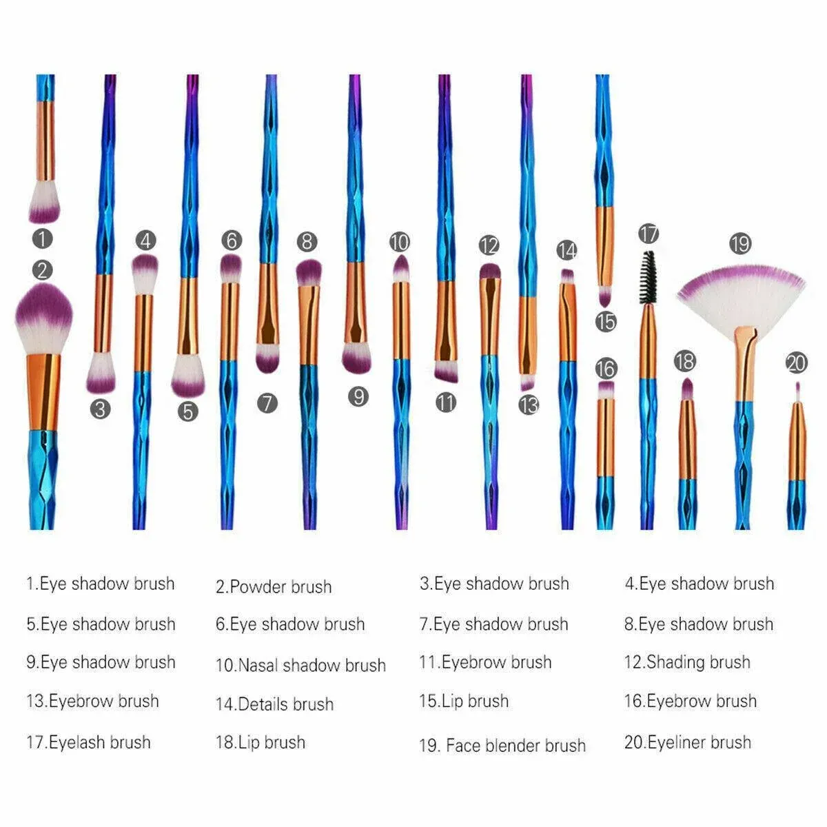 20 Pcs Eye Make-Up Brushes Diamond Unicorn Eyeshadow Eyebrow Blending Brush Set - Blue and Pink โ image 4