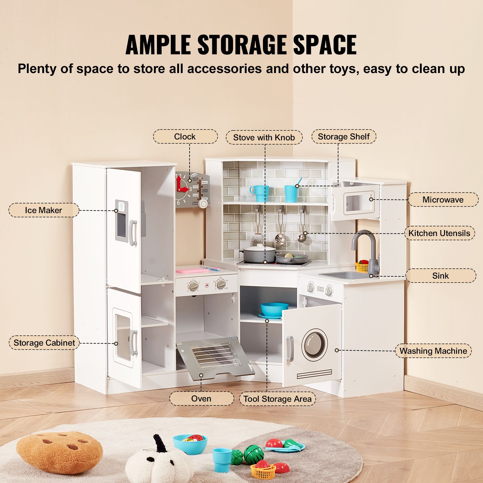 Kitchen Playset Kids Pretend Cooking Play Toy 24 Piece Accessories White — image 6