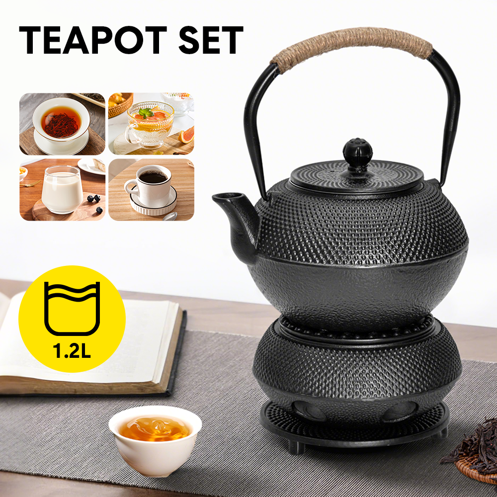 1.2L Cast Iron Teapot and Warmer Set Tea Kettle Iron Bottle With Stainless Steel Mesh Infuser and Anti-Scald Handle Compatible with Multi-Heat Source Black — image 2