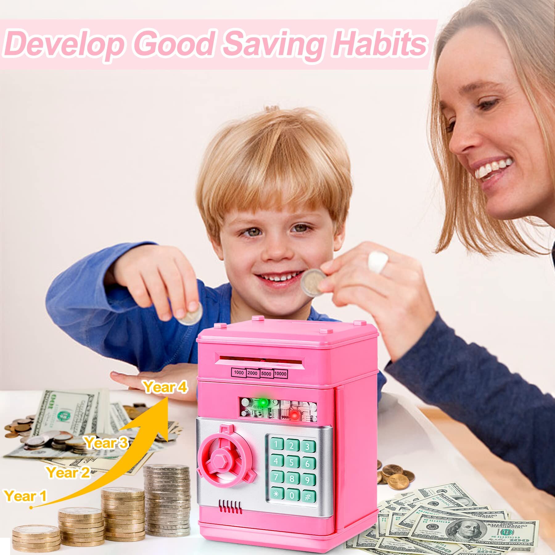 Smart ATM Piggy Bank with Password Lock & Coin Slot – Educational Money Box for Kids, Saves Coins & Bills (Pink) | Other Colors Available In-Store — image 2