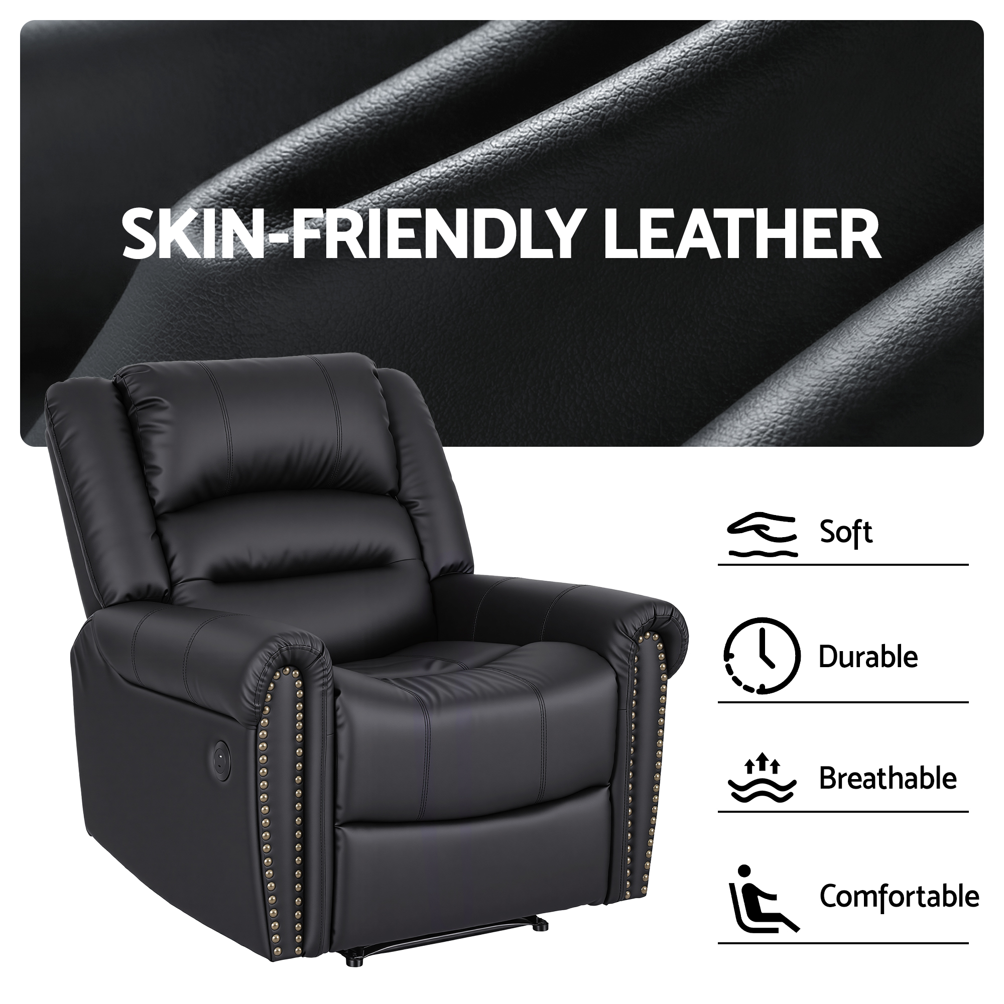 Artiss Leather Manual Recliner Chair with USB Charge Port, Overstuffed Armchair Sofa for Living Room and Nursery, Asjustable Theater Reclining Lounge with — image 6