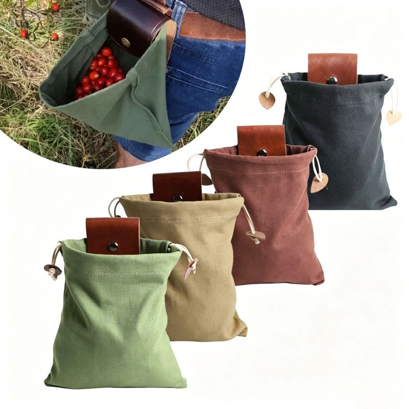 Collection bag - outdoor fruit picking bag - waxed canvas collection bag - foldable leather waist bag with drawstring - multifunctional picking bag for โ image 2