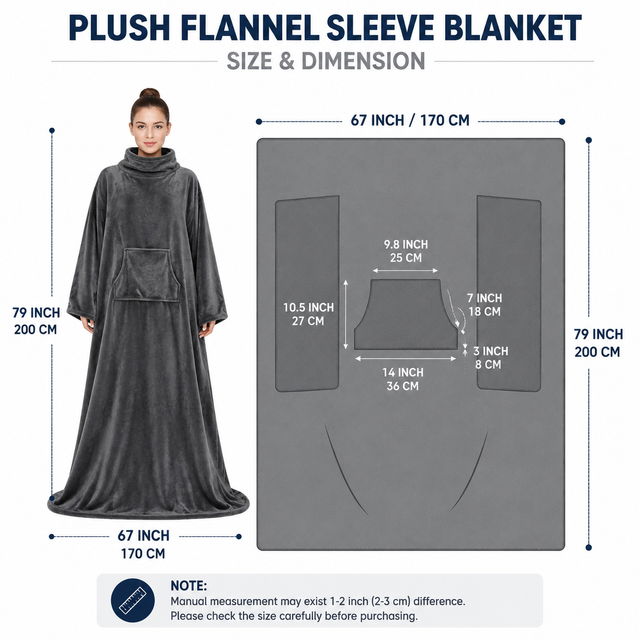 Winter Cozy Warm Loungewear Gift Set – 170 × 200CM Navy Blue Flannel Fleece Wearable Blanket with Adjustable Sleeves Large Front Pocket and Back Velcro — image 3
