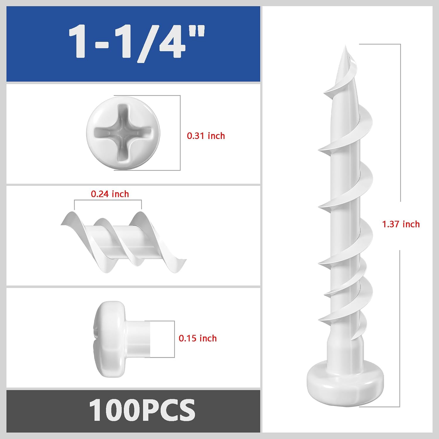 (100 pcs) Pan Head Drywall Anchors 1-1/4" White Anti Rt Coating, Bolt Anchor, Duty Hollow Wall Anchors — image 3
