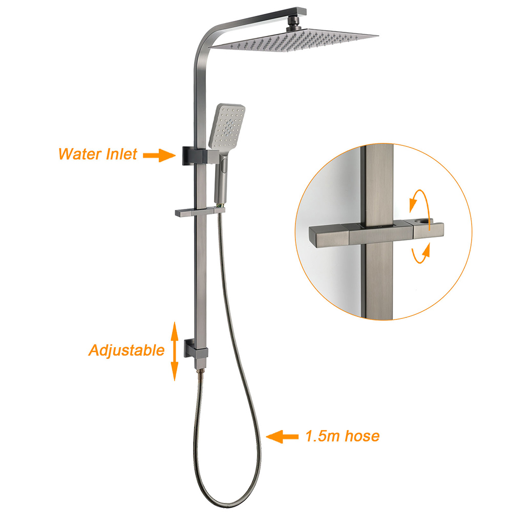WELS Gun Metal Double Square Shower Head Set 12" Rain Handheld Sliding Rail 2 Way Switch โ image 2
